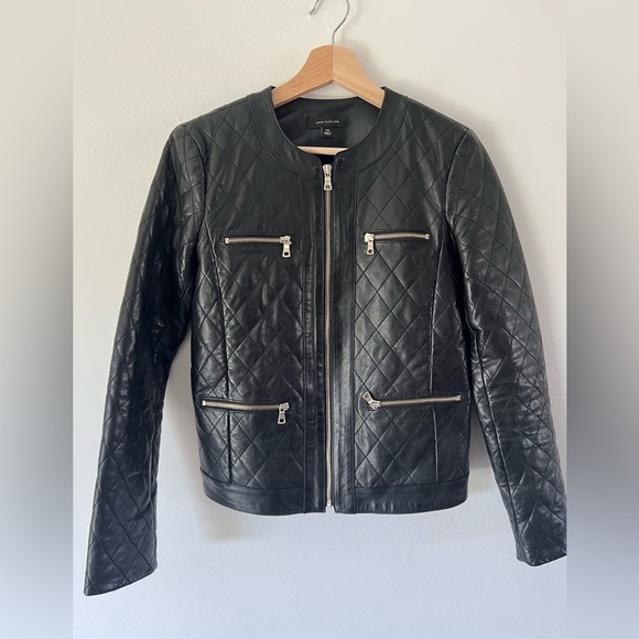 Ann Taylor Diamond Quilted Zipper Pocket Black Leather Jacket Size XS - Picture 2 of 10